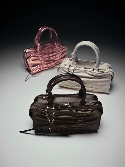 حقيبة بولينغ ميتاليك بتعليقة فيونكة, زهري مضيء, hi-res