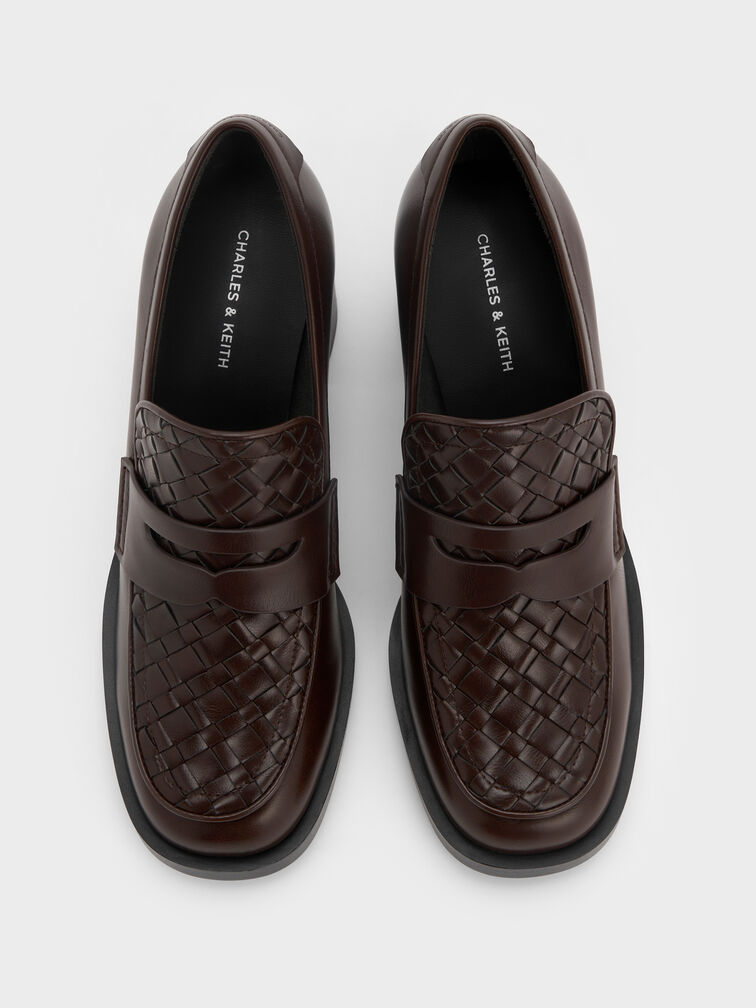 حذاء لوفر بكعب مربع بتفاصيل منسوجة وبإكسسوار معدني, بني داكن, hi-res