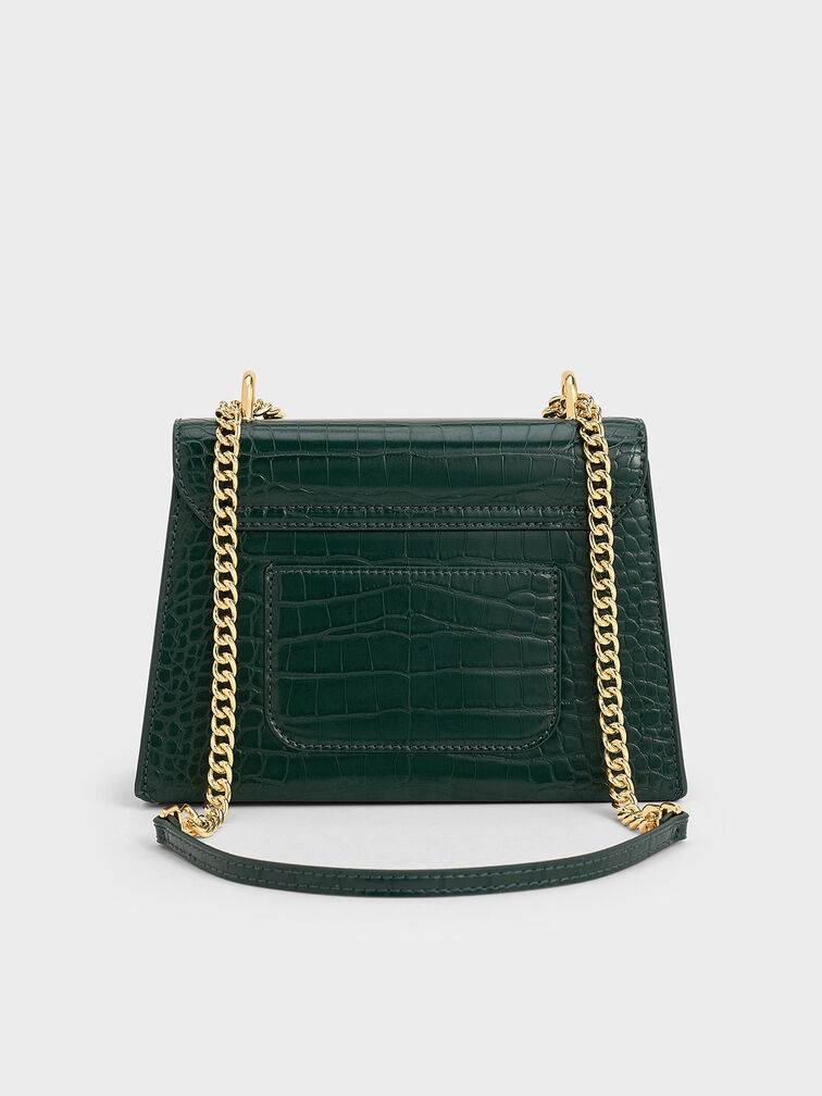 Samantha Croc-Effect Envelope Chain-Handle Bag, Dark Green, hi-res