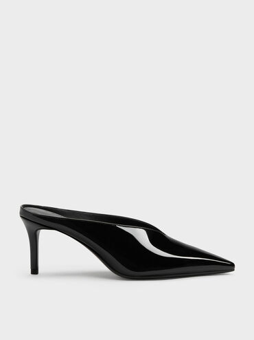 Patent Pointed Heeled Mules, Black Patent, hi-res