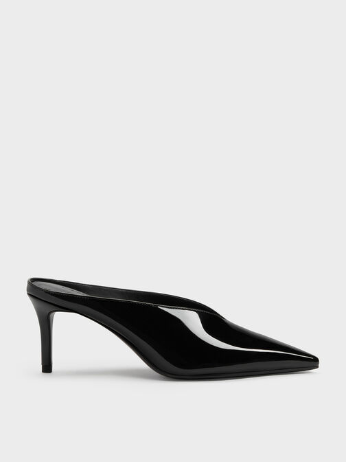 Patent Pointed Heeled Mules, Black Patent, hi-res