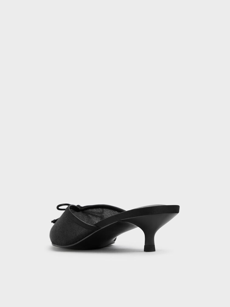 Glittered Mesh Bow Kitten Heels, Black Textured, hi-res