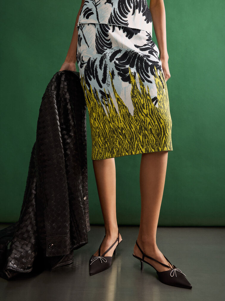 Recycled Polyester Crystal-Bow Kitten-Heel Slingback Pumps, Black Textured, hi-res