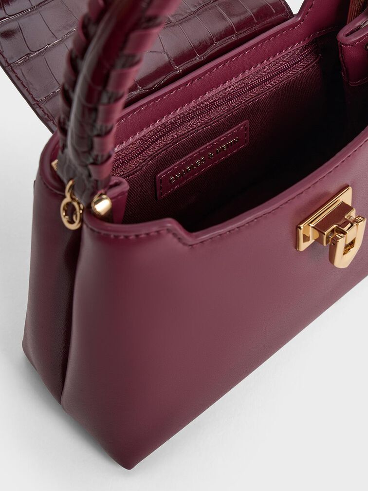 حقيبة أروين بمقبض علوي وحزام مضفر ونقشة جلد التمساح, برغندي, hi-res