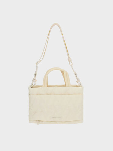 حقيبة توت من النايلون بنقشة شيفرون وتصميم صندوقي, كريم, hi-res