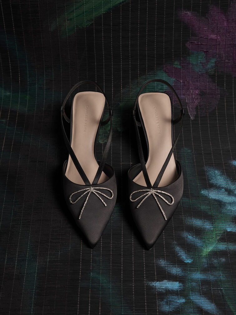 Recycled Polyester Crystal-Bow Kitten-Heel Slingback Pumps, Black Textured, hi-res