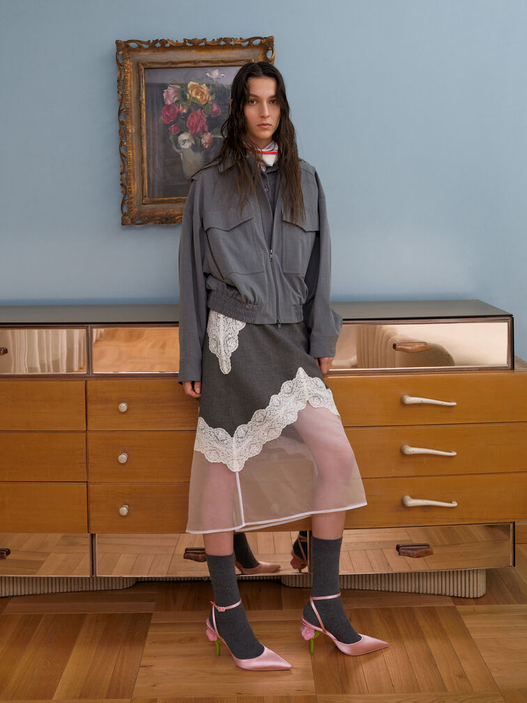 حذاء بكعب مدبب مزين بالزهور وحزام للكاحل, وردي, hi-res