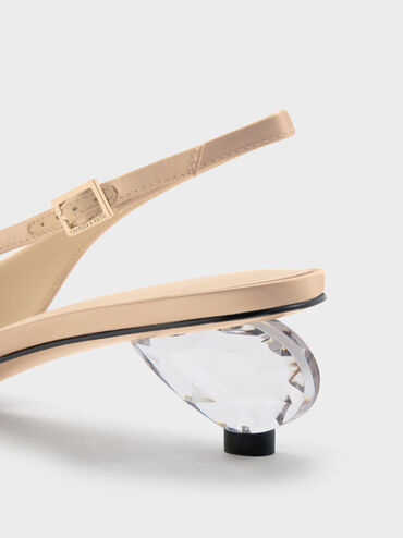 حذاء سلينغ باك (بامبس) ساتان برأس مدببة مفتوح من الخلف بكعب ومزوّد بشريط كاحل مزين بكريستالات, ذهبي, hi-res