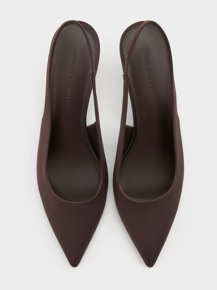 Kaia Satin Pointed-Toe Slingback Pumps, Dark Brown Textured, hi-res