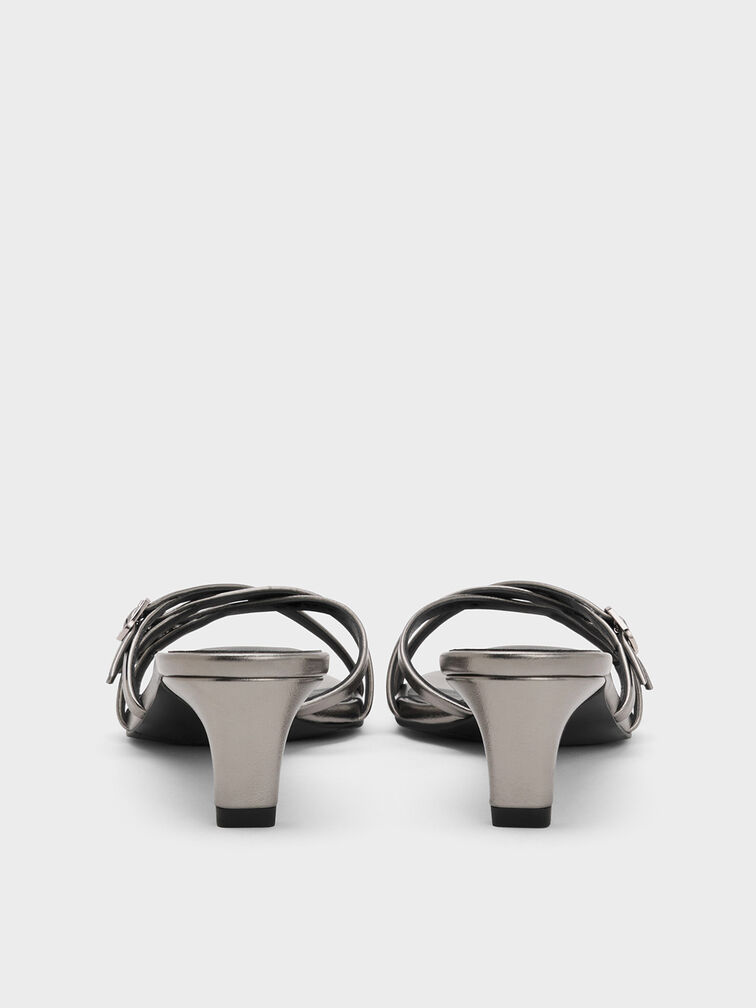 Metallic Buckled Strappy Kitten-Heel Mules, Pewter, hi-res