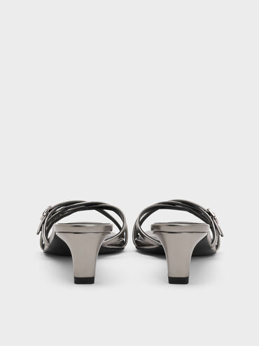 Metallic Buckled Strappy Kitten-Heel Mules, Pewter, hi-res