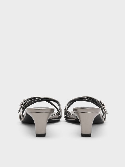 Metallic Buckled Strappy Kitten-Heel Mules, Pewter, hi-res