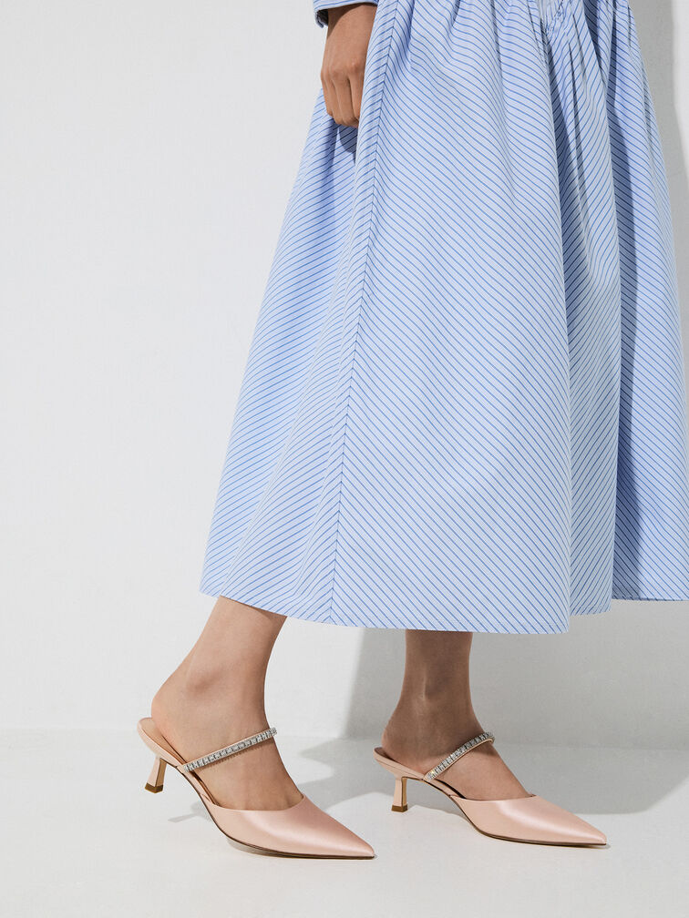 Ambrosia Satin Gem-Embellished Pointed-Toe Mules, Light Pink, hi-res