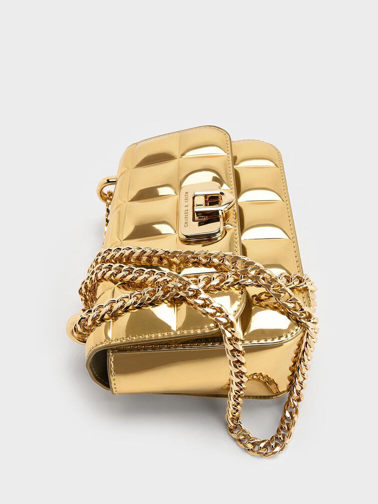 Metallic Square-Quilted Chain-Handle Bag, Gold, hi-res