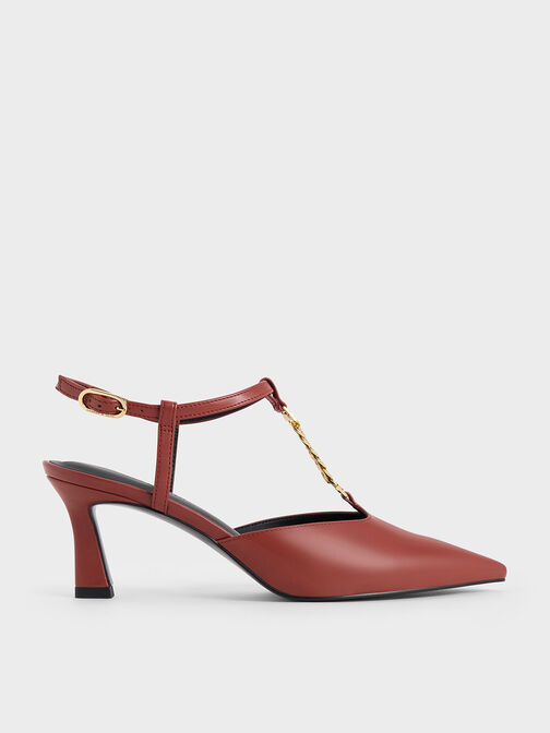 حذاء بتصميم تي بار مزين بسلسلة ومقدمة مدببة أنيقة, أحمر, hi-res