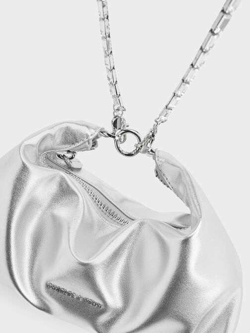 Metallic Crystal-Embellished Chain-Handle Two-Way Bag, Dusk Silver, hi-res