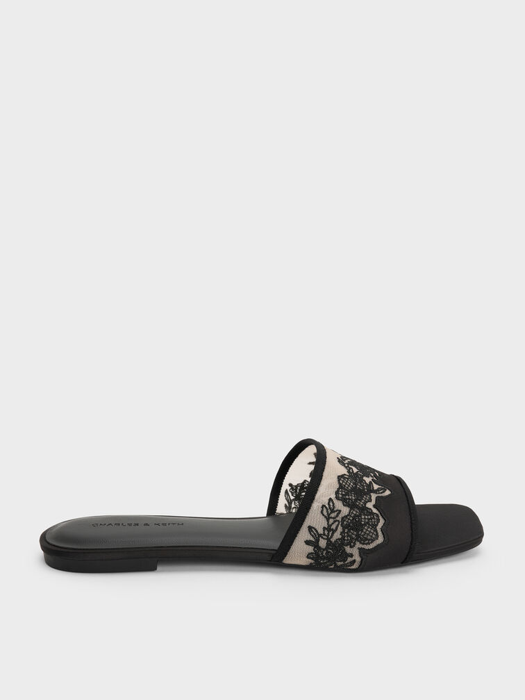 Satin Embroidered-Mesh Slide Sandals, Black Textured, hi-res