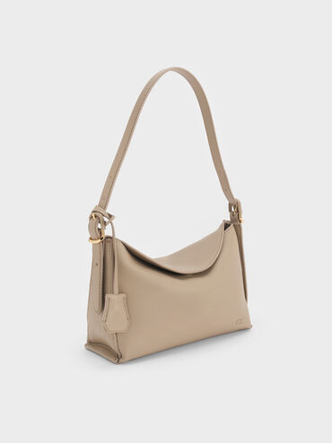 Leather Top-Flap Hobo Bag, Taupe, hi-res