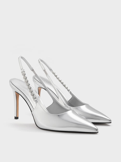 Flores Metallic Gem-Strap Slingback Pumps, Silver, hi-res