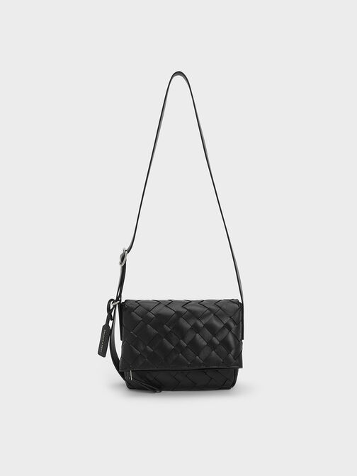 Ivette Woven Front Flap Crossbody Bag, Noir, hi-res
