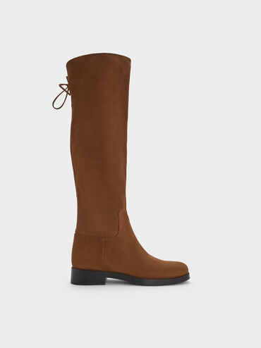 Faux Suede Fold-Over Thigh-High Boots, Brown, hi-res