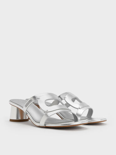 Easley Metallic Cut-Out Cylinder-Heel Mules, Silver, hi-res