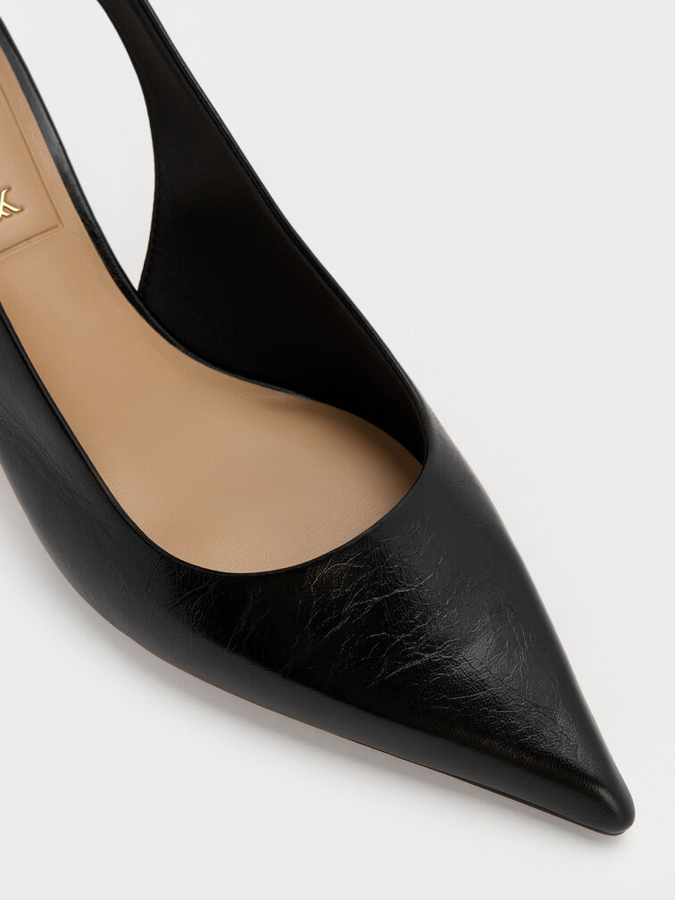 حذاء كودي بجلد ومقدمة مدببة وكعب قصير وحزام خلفي, أسود, hi-res