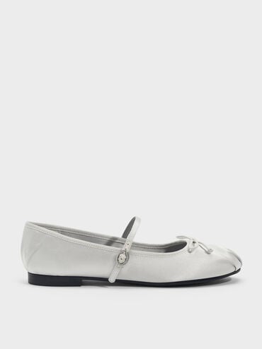 Emiko Satin Bow Mary Jane Flats, Silver, hi-res