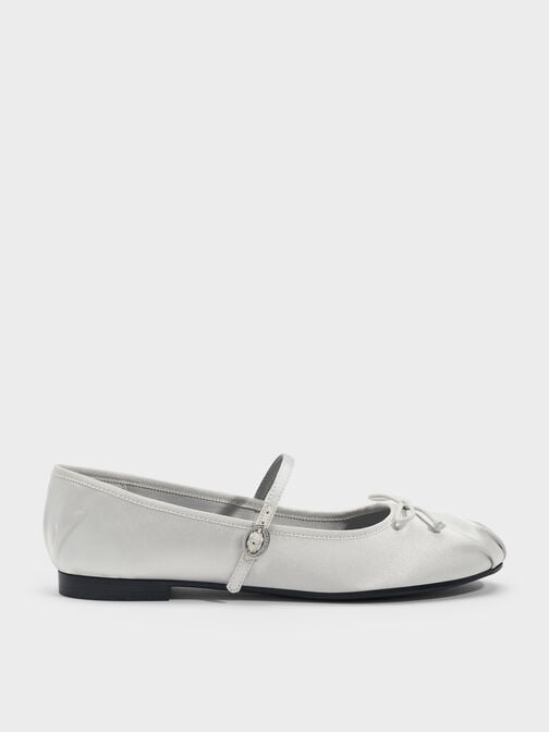 Emiko Satin Bow Mary Jane Flats, Silver, hi-res