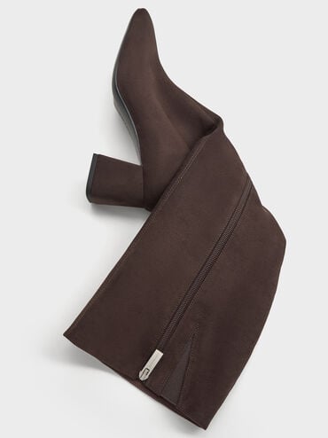 Faux Suede Square-Toe Knee-High Boots, Dark Brown Textured, hi-res