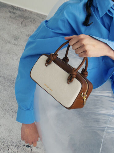 حقيبة مستطيلة سامي من القماش بمقبض مزين بعقدة, رمادي مائل للبني كانفاس, hi-res