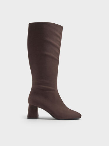 Faux Suede Square-Toe Knee-High Boots, Dark Brown Textured, hi-res