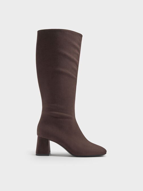Faux Suede Square-Toe Knee-High Boots, Dark Brown Textured, hi-res