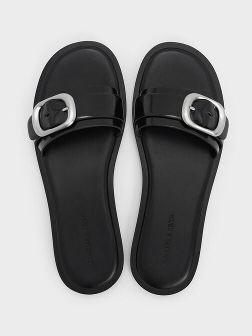 Buckle-Strap Slide Sandals, Black Boxed, hi-res