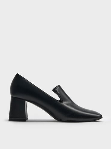Square-Toe Block-Heel Loafer Pumps, Black, hi-res