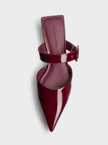 Patent Buckle-Strap Heeled Mules, Burgundy, hi-res
