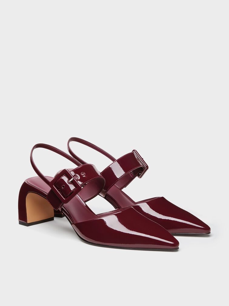 Patent Buckled Pointed Slingback Pumps, Burgundy, hi-res