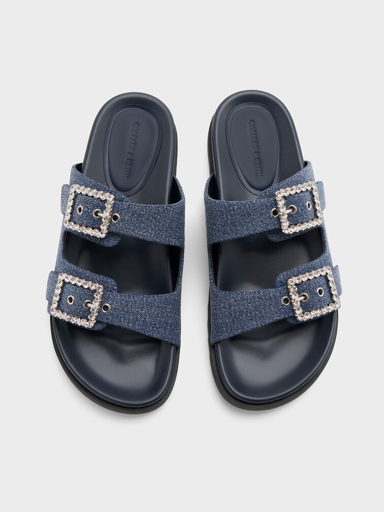 Denim Gem-Buckle Double-Strap Sandals, Denim Blue, hi-res