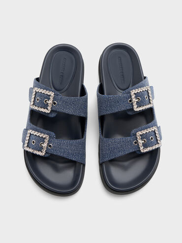 Denim Gem-Buckle Double-Strap Sandals, Denim Blue, hi-res