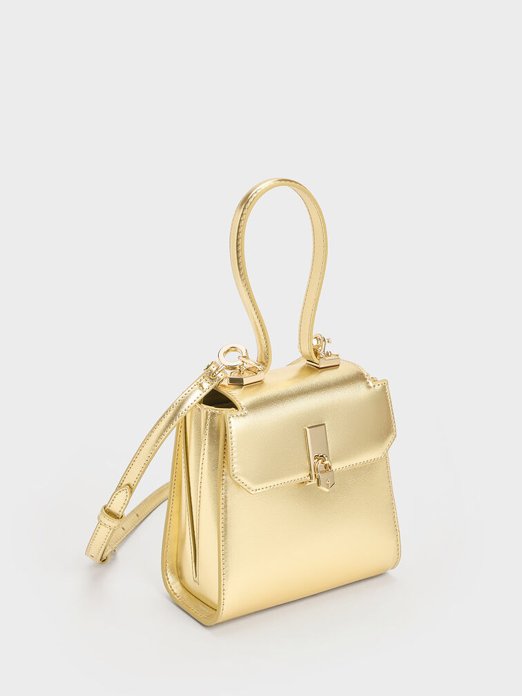 Trapeze Crystal-Embellished Top Handle Bag, Gold, hi-res