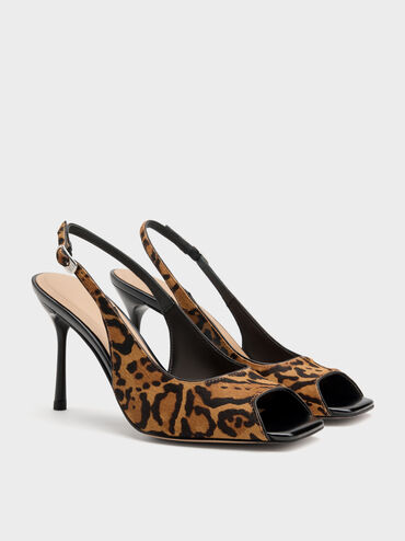 Kyra Calf Hair Leopard-Print Peep-Toe Slingback Heels, Animal Print Brown, hi-res