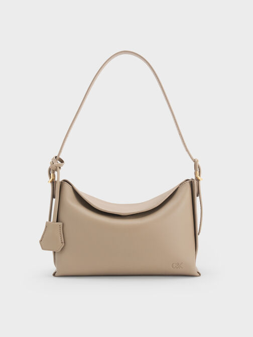 Leather Top-Flap Hobo Bag, Taupe, hi-res