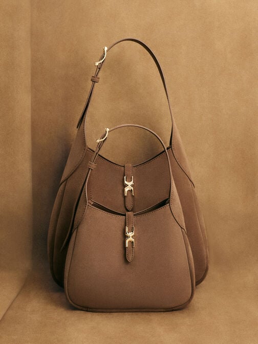 Adalyn Recycled Suede Metallic-Buckle Belted Hobo Bag, Mocha Brown, hi-res