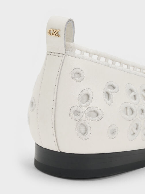 Leather Embroidered Ballet Flats, White, hi-res