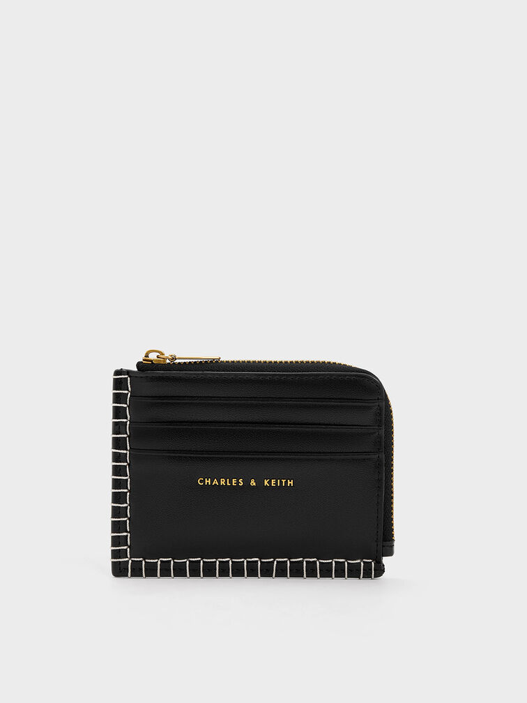 Circe Stitch-Trim Zip Around Card Holder, Black, hi-res