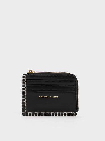 Circe Stitch-Trim Zip Around Card Holder, Black, hi-res
