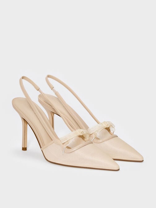 Venetia Mesh Bow Pointed Slingback Pumps, Nude, hi-res