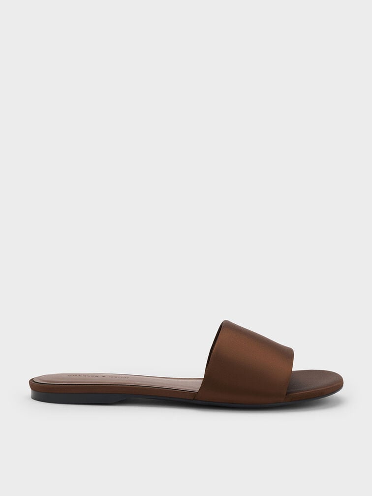 Satin Slide Sandals, Dark Brown, hi-res