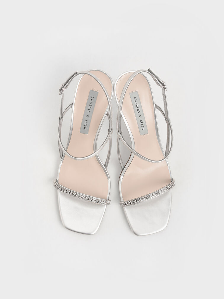 Gem-Embellished Strappy Sandals, Silver, hi-res