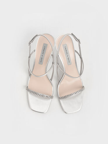 Gem-Embellished Strappy Sandals, Silver, hi-res